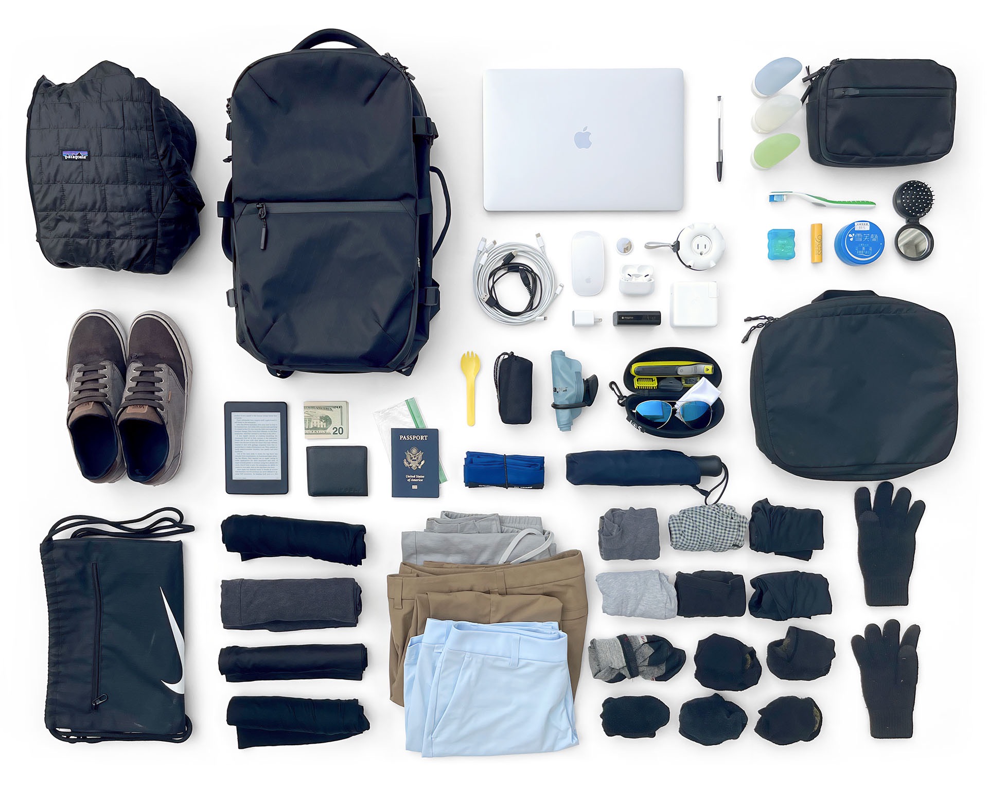 Flat lay of my onebag travel gear from 2024