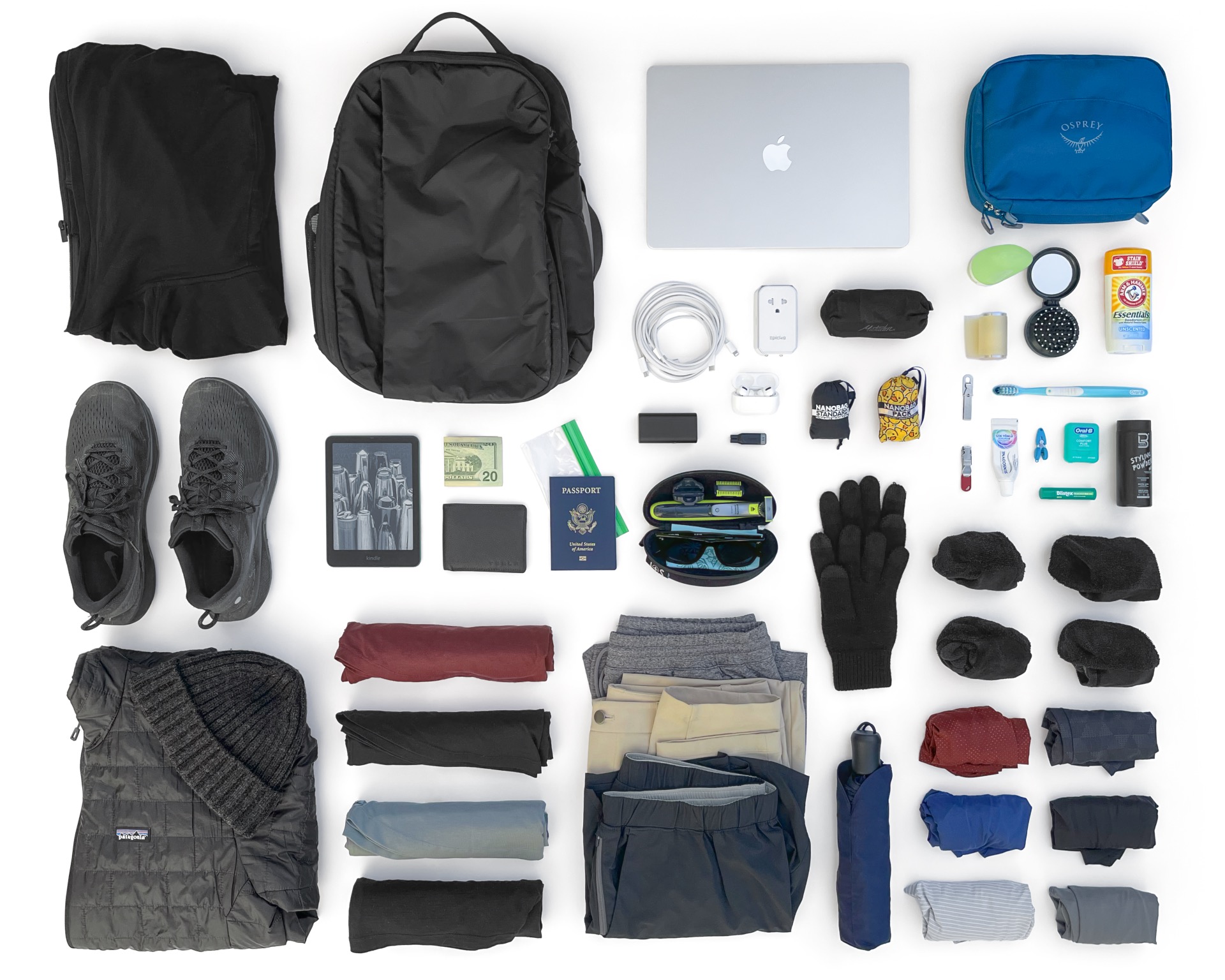 Flat lay of my onebag travel gear from 2026